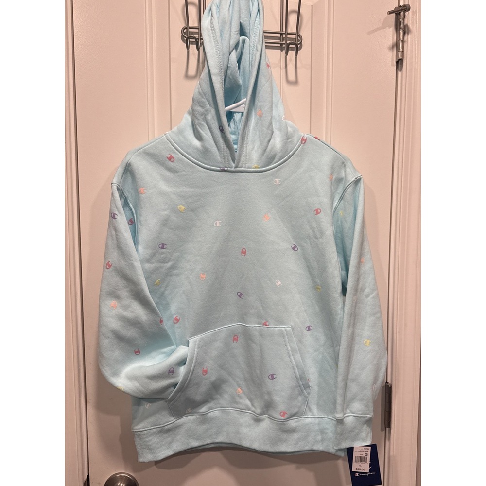 Champion youth Blue Pullover Hoodie Allover Logo Drawstring Pockets Size XL NWT